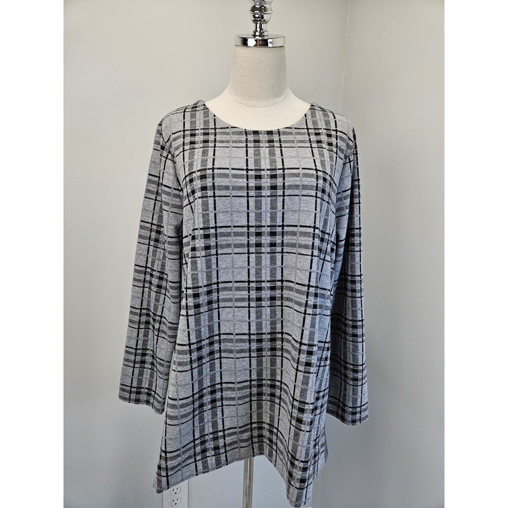 J. Jill Gray Black Plaid Metallic Knit Tunic Top Womens XL Long Sleeve Side Slit
